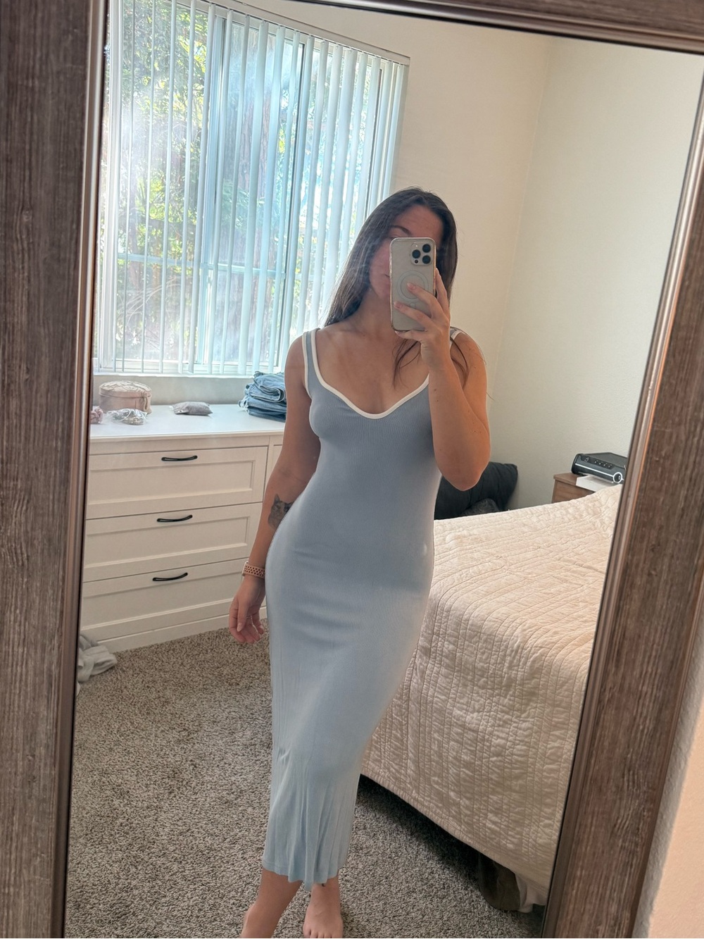 Elodie Baby Blue Midi Dress with White Trim